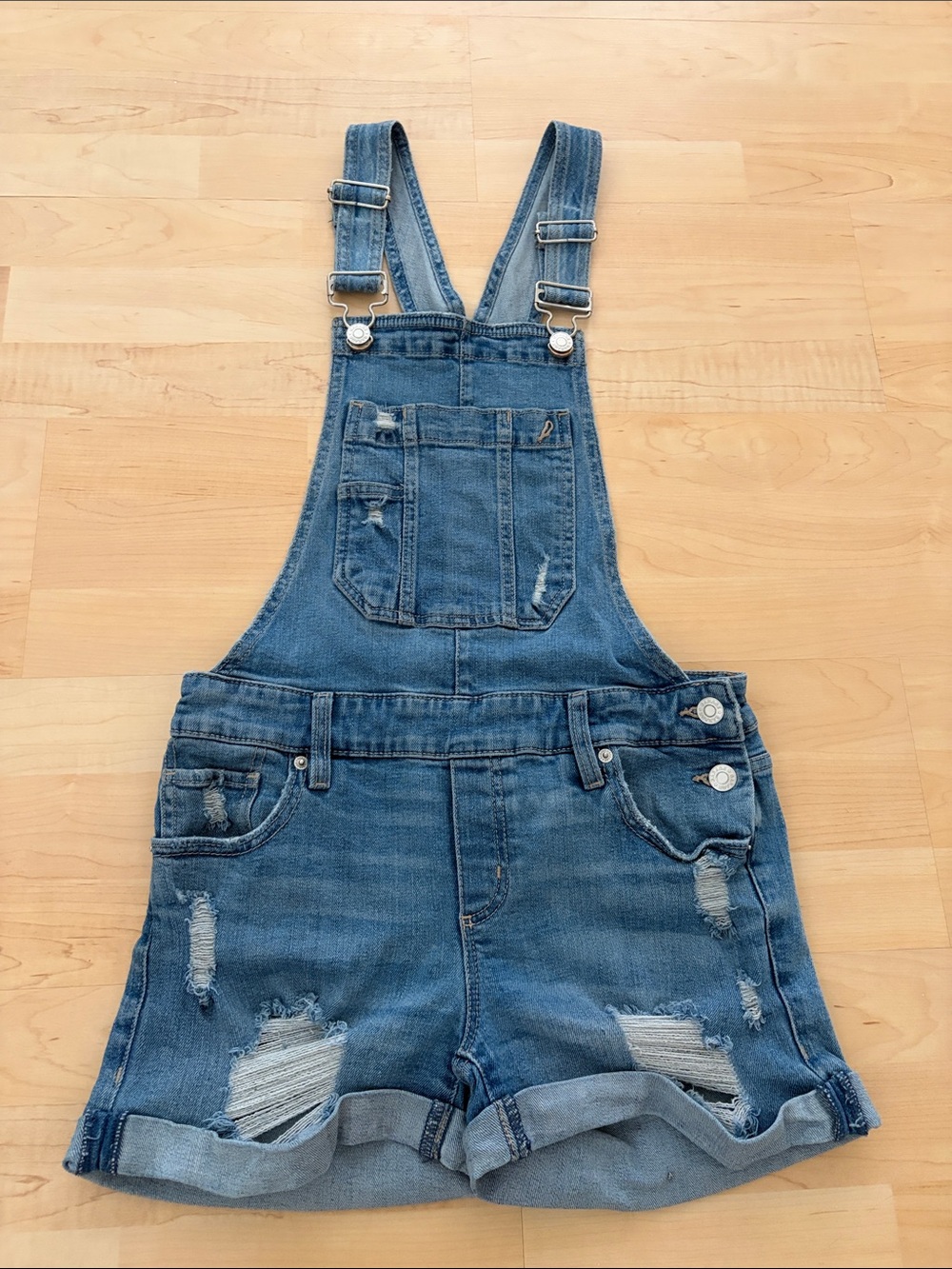 Garage Distressed Denim Overall Shorts Size XS Medium Wash Shortalls